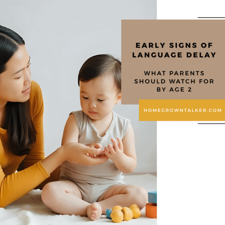 Mother sitting with her young child, engaging in play with toys while looking at the child’s hands. Text overlay reads “Early Signs of Language Delay – What Parents Should Watch for by Age 2 – homegrowntalker.com.”